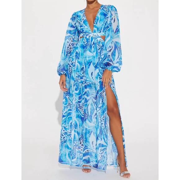 NEW FASHION NOVA villa vacation chiffon maxi dress in blue - Picture 1 of 3